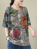 Women's Vintage Floral Print Rhinestone Hollow Out Half Sleeve Shirt