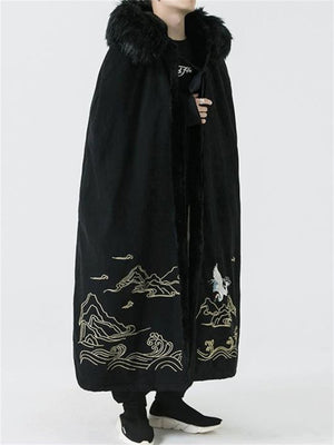 Men's Plush Crane Embroidered Cloak Coat with Removable Collar