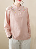 Women's Cute Flowers Embroidery Cotton Linen Long Sleeve Shirt