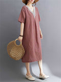 Women's Cotton Linen Lace V-Neck A-Line Plaid Dress