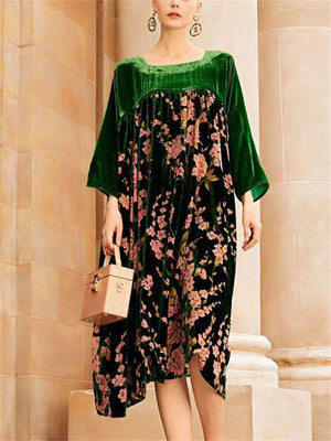 Women's Noble Green Square Neck Floral Print Velour Dresses