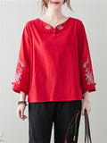 Women's Ethnic Style Peony Embroidery 3/4 Sleeve Linen Shirt