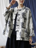 Women's Ethnic Style Black Grey Knot Button Linen Print Jacket