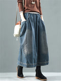 Retro Pocket Elastic Waist Blue Denim Skirt for Women