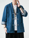 Men's Chinese Style Hanzi Embroidery 3/4 Sleeve Denim Shirt