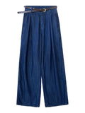 Female Classic High Waist Straight-Leg Blue Jeans with Belt