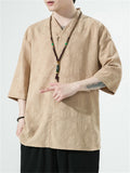 Men's Buddhist Plain Linen Jacquard Half Sleeve Shirt