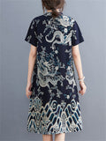 Women's Retro Dragon Print Chinese Style Knot Button Qipao