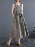 Retro Plaid Sleeveless Cotton Linen Midi Dress for Women