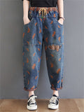 Women's Orange Feather Chic Splicing Blue Denim Pants