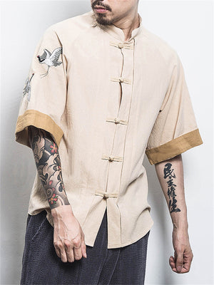 Crane Embroidery Casual Vintage T-shirts for Men