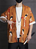 Men's Tang Dynasty Vintage Print Orange Lace Up Shirt