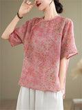 Chinese Style Linen Floral Print Round Neck Shirt for Lady