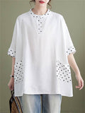 Ladies Round Neck Polka Dots Splicing Shirt with Pockets