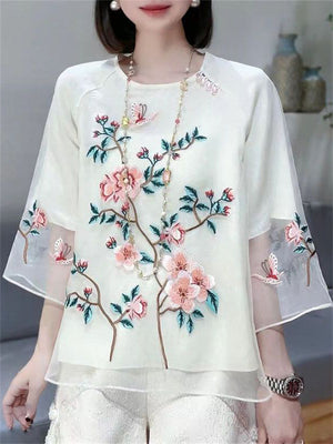 Female Spring Summer Butterfly Flower Embroidery White Mesh Shirt