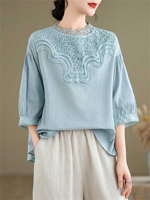 Retro Lace Patchwork Neck Lantern Sleeve Loose Shirts for Women