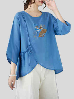 Female Chinese Fan Flower Embroidered 3/4 Sleeve Shirt