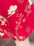 Chinese Red Flying Deer Print Knee Length Qipao
