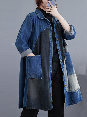 Women's Stylish Patchwork Lapel Single-Breasted Blue Denim Jacket
