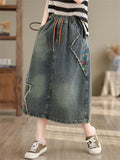 Ladies Floral Embroidered Lace-Up A-Line Denim Skirts