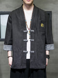 Men's Chinese Style Hanzi Embroidery 3/4 Sleeve Denim Shirt