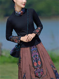 Vintage Peony Embroidery Black Slim Fit Shirt for Women