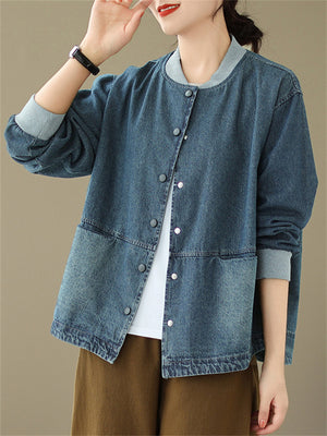 Women's Autumn Washed Blue Denim Baseball Jacket