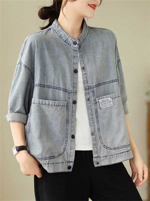 Women's Light Blue Stand Collar Patch Pocket Short Denim Jacket