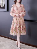 Women's Flowy Mulberry Silk Midi Dress with Floral Embroidery