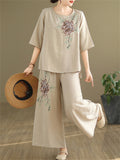 Female Ramie Embroidered Top + Wide Leg Pants Casual Two Piece Set