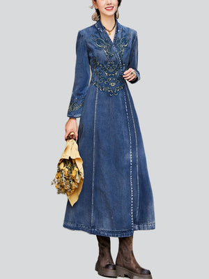 Ladies Vintage Embroidery V-Neck Side Slit Denim Dress