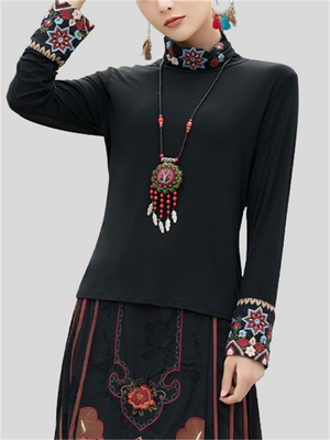 Ethnic High Neck Flower Embroidery Black Shirt for Women