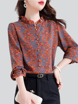 Women's Ruffled Collar Print Decorative Button Faux Silk Shirt