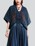 Ethnic Floral Embroidery Female Half Sleeve Denim Jacket