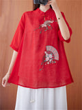 Chinese Style Peach Blossom Fan Embroidery Female Half Sleeve Shirt