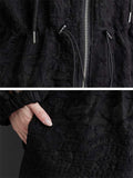 Women's Splicing Design Waist Drawstring Zipper Hooded Coat