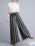 Retro Black Grey Stripes Cozy Linen Wide Leg Pants for Women