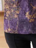 Women's Gold Floral Print Stand Collar Long Sleeve Purple Shirt