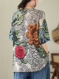 Women's Vintage Floral Print Rhinestone Hollow Out Half Sleeve Shirt