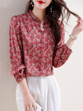 Retro Rose Red Floral Print Puff Sleeve Shirt for Ladies