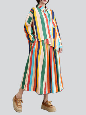 Rainbow Stripes Irregular Hem Lapel Shirt + Swing Skirt for Women