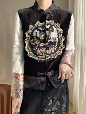 Women's Divine Bird Peony Embroidery Velvet Sleeveless Vest