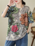 Women's Vintage Floral Print Rhinestone Hollow Out Half Sleeve Shirt