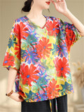 Summer Bright Daisy Print Drawstring Hem V-Neck Shirt for Female