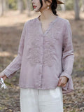 V-Neck Button Up Long Sleeve Embroidery Linen Shirt for Women