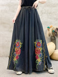 Female Ethnic Style Peony Embroidered Denim Wide Leg Pants