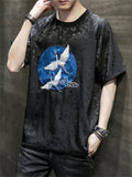 White Crane Embroidery Summer Round Neck T-shirt for Men