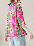 Rose Red Floral Print Half Sleeve Button Shirt for Women