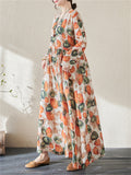 Orange Green Leaf Print Spring Loose Dress for Women