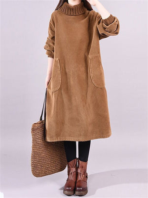 Women's Turtleneck Plush Lining Corduroy Midi Dress for Winter